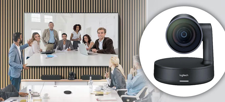 Caméra 4k, haut-parleurs de type barre de son, microphone intégré.